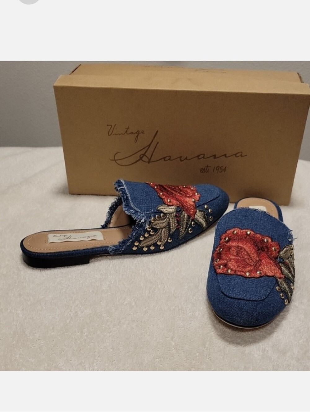 Vintage Havana Blue Denim Mules with Red Embroidery
